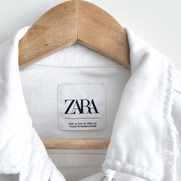 ZARA Womens Jean Jacket Cropped Button Distressed Denim White Medium - Picture 3 of 7